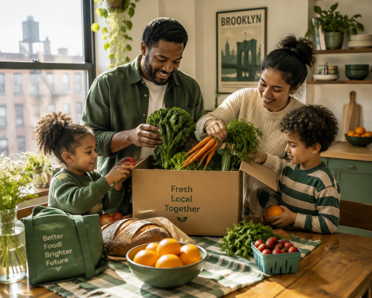 A family unpacking fresh vegetables, fruit and bread at their kitchen table